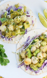 Scallop Tacos with Avocado Salsa Verde and Cumin Scented Slaw