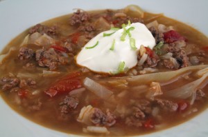 Stuffed Cabbage Soup with Sour Cream and Scallion
