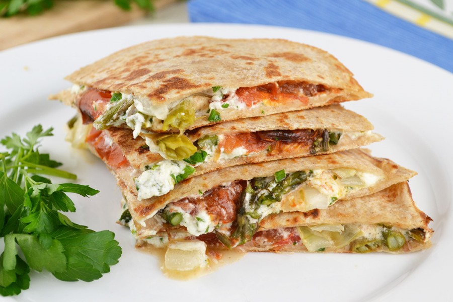 Goat Cheese Roasted Tomato and Asparagus Quesadilla